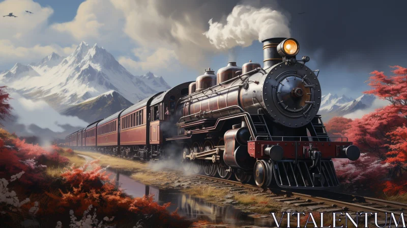 Steam Train in Mountain Valley Painting AI Image
