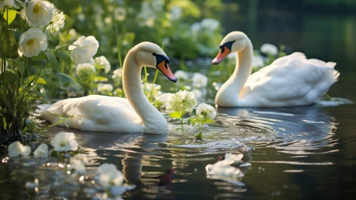 Tranquil Scene: White Swans Swimming in a Pond
