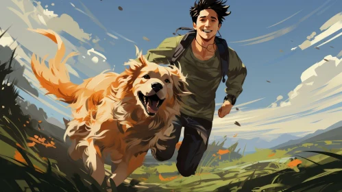 Young Man and Golden Retriever Running in Grassy Field