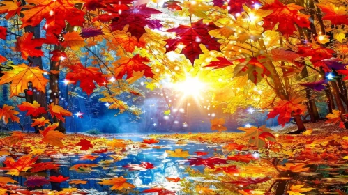 Colorful Fall Forest Landscape with Floating Leaves