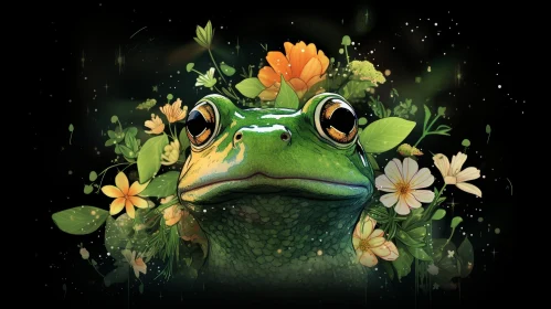 Green Frog Digital Painting with Flowers and Leaves