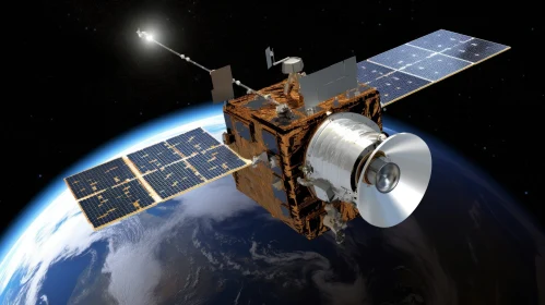 Orbiting Satellite with Solar Panels Around Earth