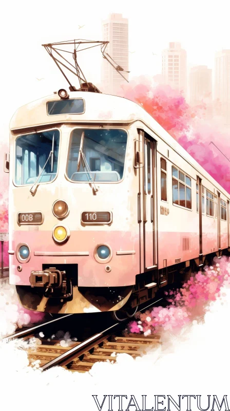 Pink and White Retro Tram on Railway Track in Cityscape AI Image