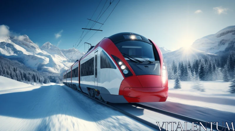 Red and White High-Speed Train in Snowy Mountain Landscape AI Image
