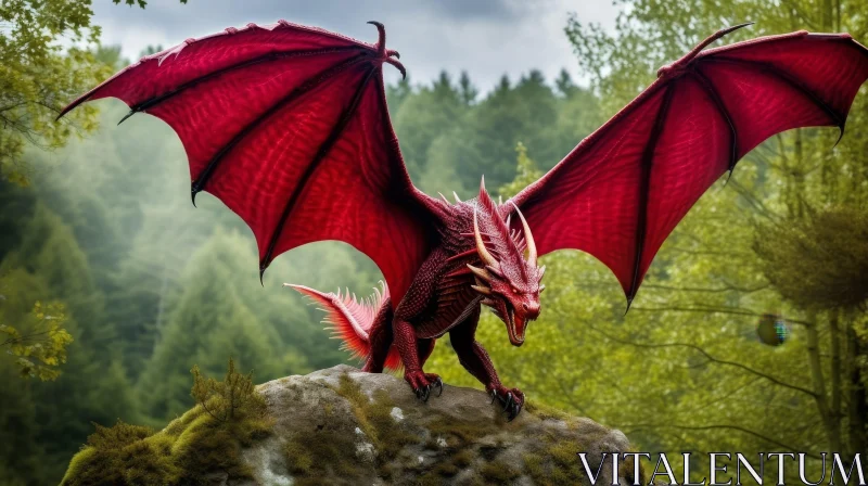 Red Dragon Fantasy Art in Enchanted Forest AI Image