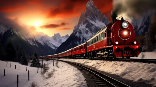 Red Steam Train in Snowy Mountain Pass at Sunset