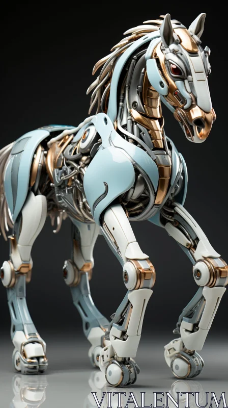 Robotic Horse 3D Rendering - White and Gold Metallic Sheen AI Image
