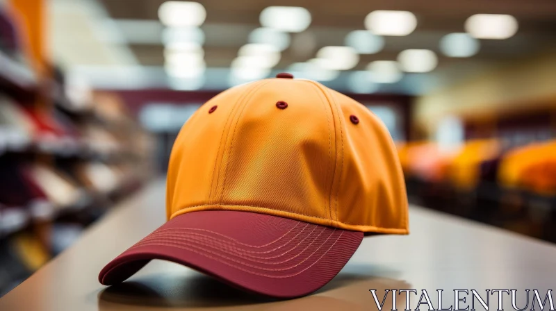 Yellow and Maroon Baseball Cap on Wooden Table AI Image