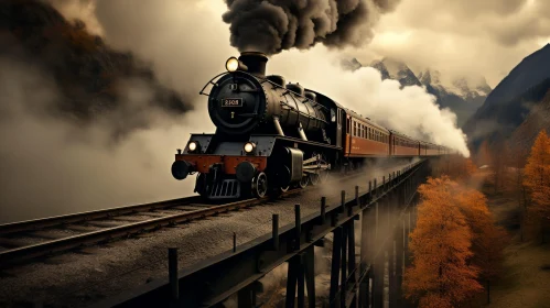 Black Steam Locomotive Crossing Mountainous Railroad Bridge