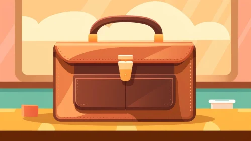 Brown Leather Briefcase Vector Illustration on Wooden Table