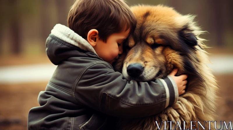 Emotional Encounter: Boy Hugging Fluffy Dog in Forest AI Image