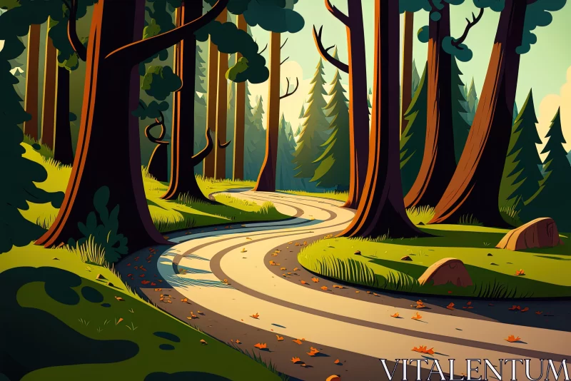 Enchanting Forest Road: Whimsical Cartoon Illustration AI Image