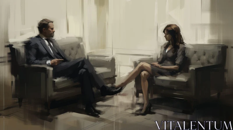 Intense Office Scene: Man and Woman in Armchairs AI Image