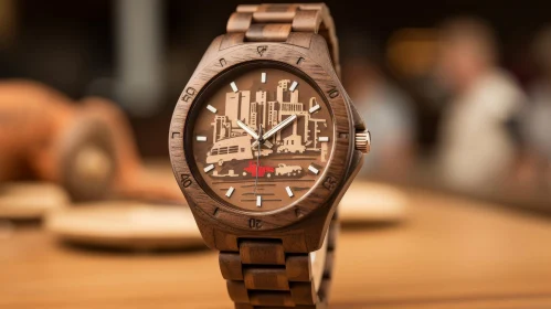 Luxurious Wooden Watch with Unique Cityscape Design