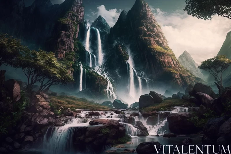 Majestic Waterfall Illustration: A Captivating Journey into Fantasy AI Image