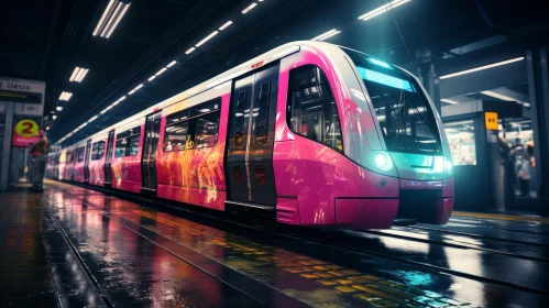 Modern Pink and White Train in Subway Station