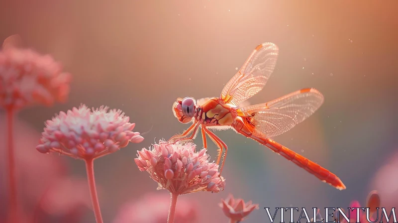 AI ART Red Dragonfly on Pink Flower - Serene Nature Scene