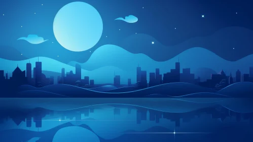 Serene Night Landscape with Full Moon and City Lights