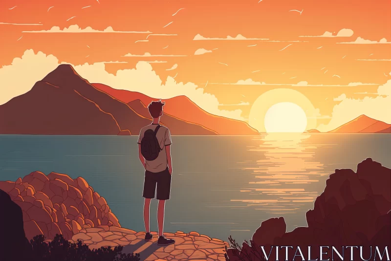 Sunset Illustration: Detailed Character and Emotive Landscape AI Image