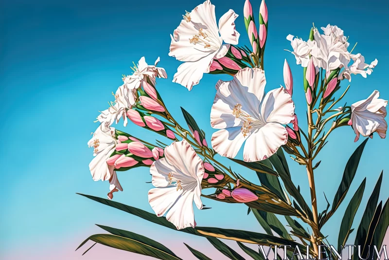White Flowers in Vibrant Illustrations: Exotic Landscapes and Realistic Blue Skies AI Image