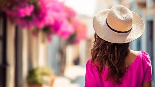 Woman in Pink Dress and Straw Hat on Street with Bougainvillea Bush