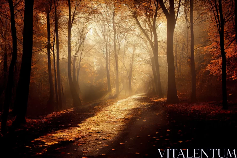 Captivating Forest Path: Illuminated by Sunlight in Autumn AI Image