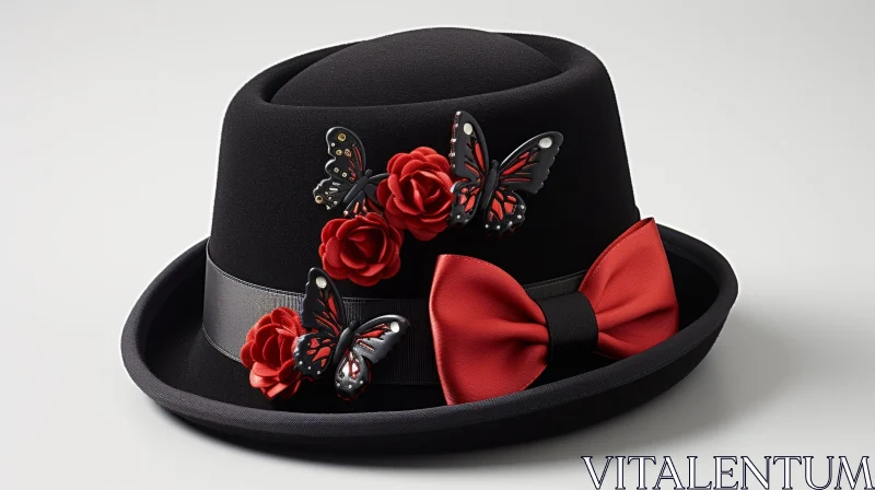 Chic Black Hat with Red Ribbon, Roses, and Butterflies AI Image