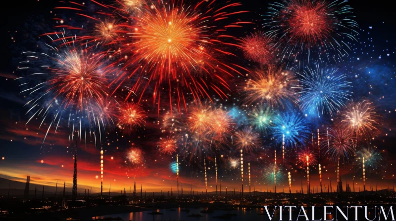 City Harbor Night Scene with Colorful Fireworks AI Image