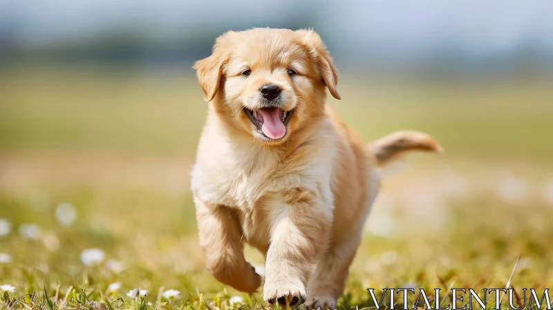 Golden Retriever Puppy Running in Green Field AI Image