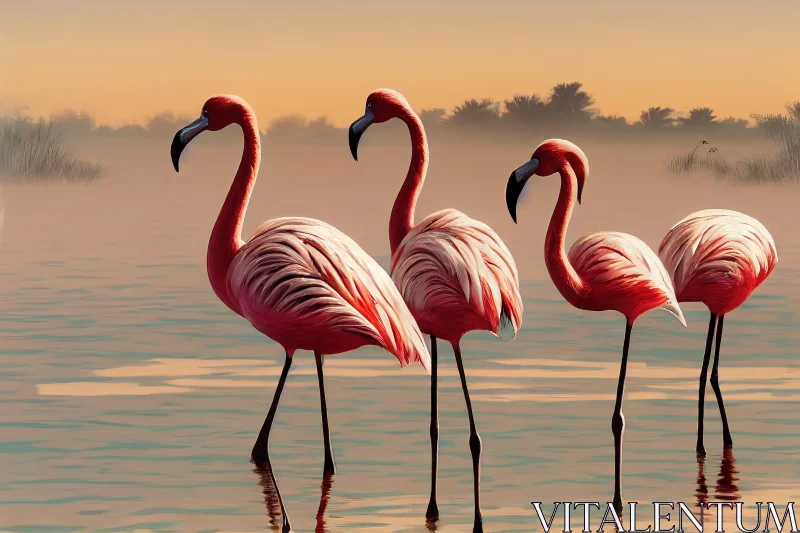 Graceful Pink Flamingos by the Lake | Digital Art Masterpiece AI Image