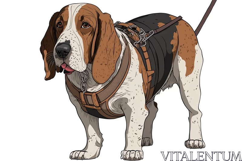 Realistic Basset Hound Dog with Harness - Detailed Illustration AI Image