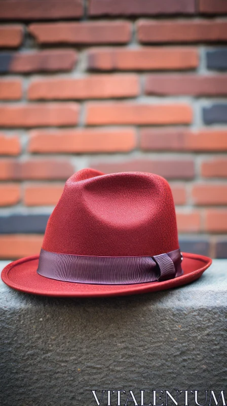Red Fedora Hat Close-Up on Stone Surface AI Image