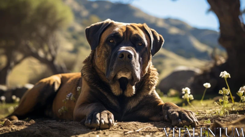 Serious Brown Dog in Nature with Flowers AI Image