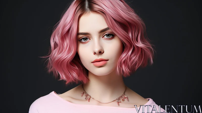 Serious Young Woman with Pink Hair Portrait AI Image