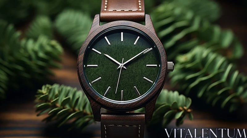 Stylish Wooden Case Wristwatch with Green Dial AI Image