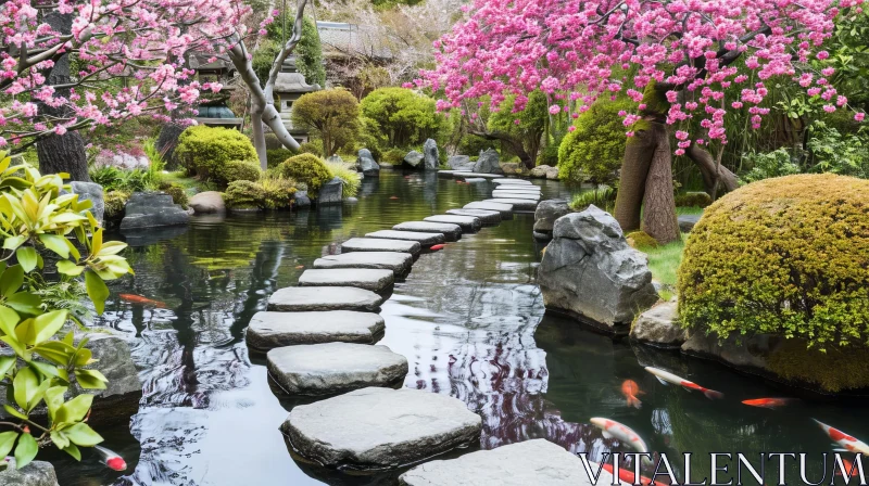 Tranquil Japanese Garden with Cherry Blossoms AI Image