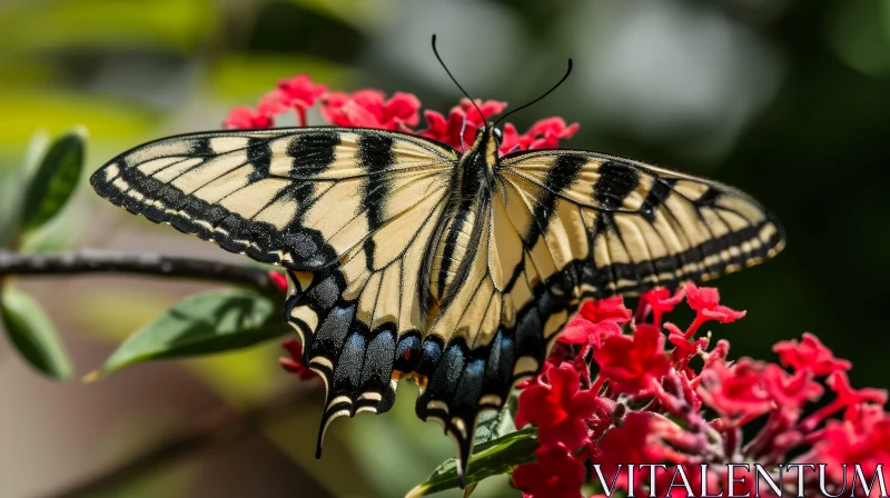 Yellow and Black Butterfly on Red Flowers AI Image