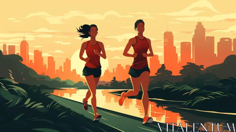 Young Women Running in Park at Sunset - Cartoon Style AI Image