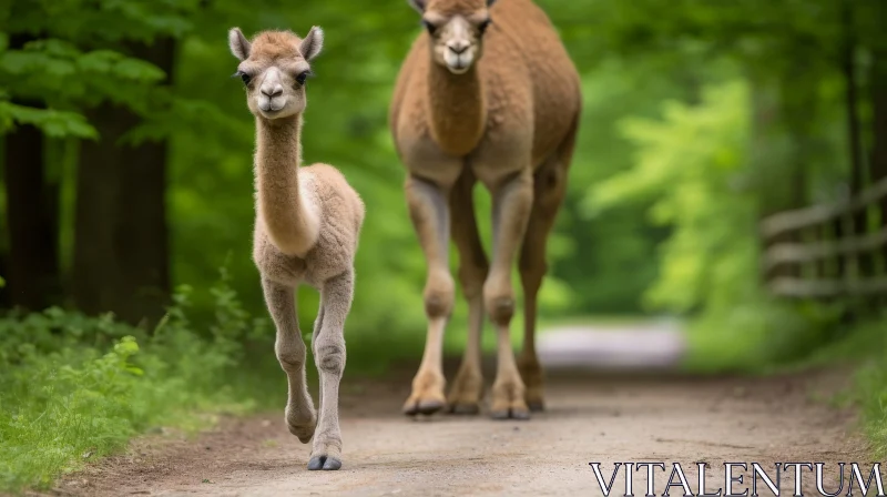 Baby Camel Walking with Mother in Nature AI Image