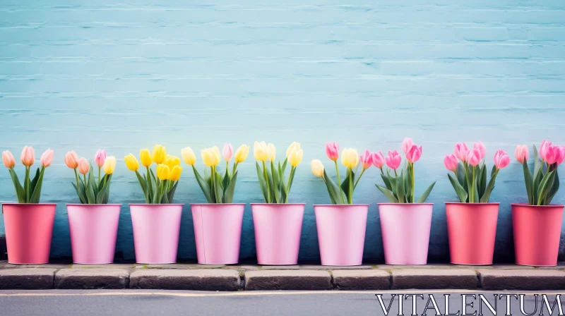 Cheerful Tulip Display on Blue Background AI Image