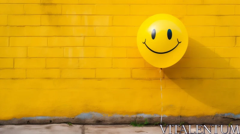 Cheerful Yellow Balloon on Brick Wall AI Image