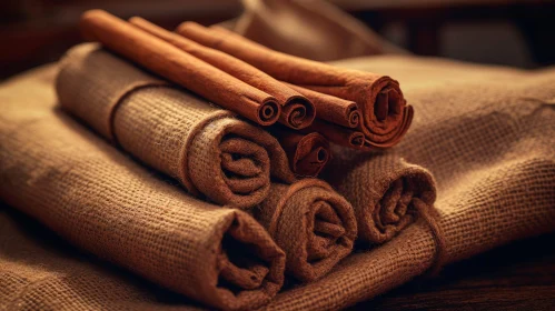 Close-Up Cinnamon Sticks and Burlap Cloth Texture