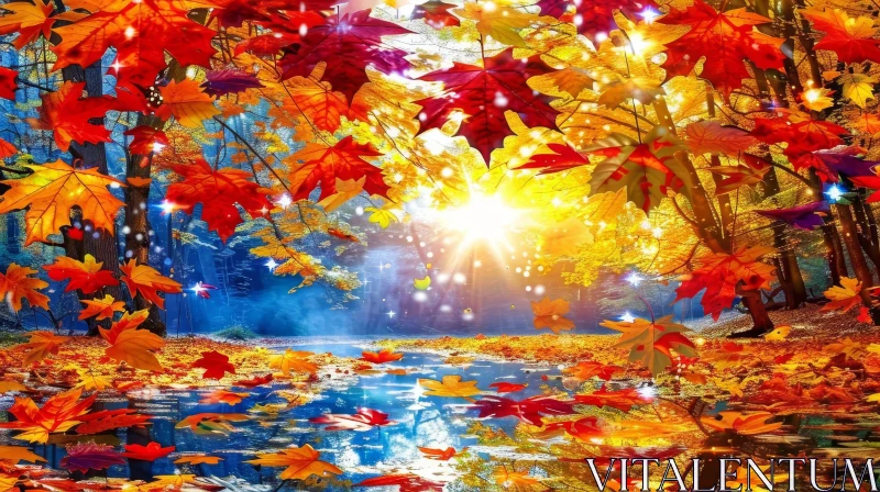 Colorful Fall Forest Landscape with Floating Leaves AI Image