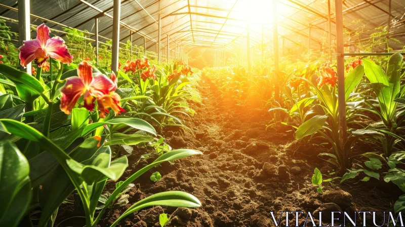 Colorful Flowers in Sunlit Greenhouse AI Image