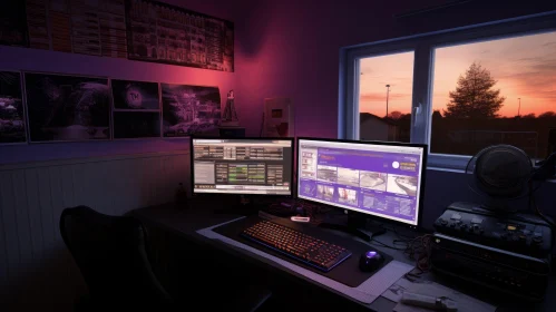 Cozy Home Office with Computer Monitors and Sunset Glow