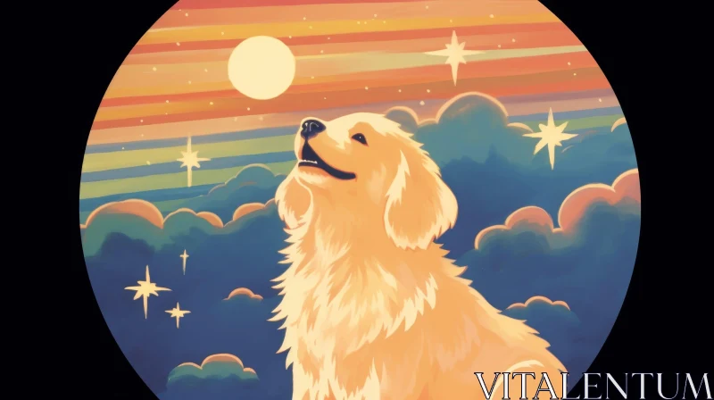 AI ART Golden Retriever Dog Painting with Rainbow and Moon