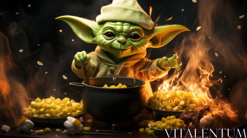 Green Alien Cooking Fantasy Meal AI Image