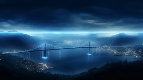 Night View Bridge Illuminated by Blue Lights