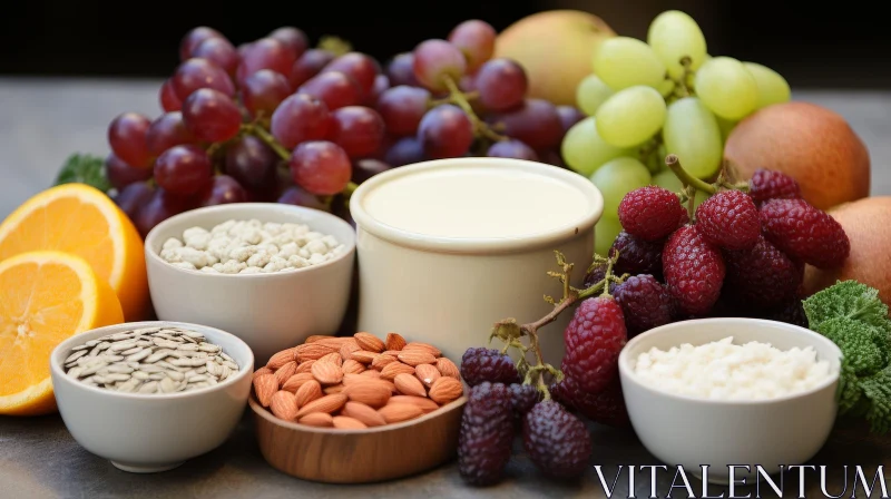 Nutritious Variety: Grapes, Berries, Nuts, Seeds, Rice & Cheese AI Image