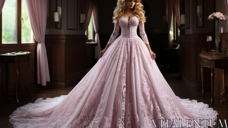 Pink Wedding Dress Model in Elegant Setting AI Image